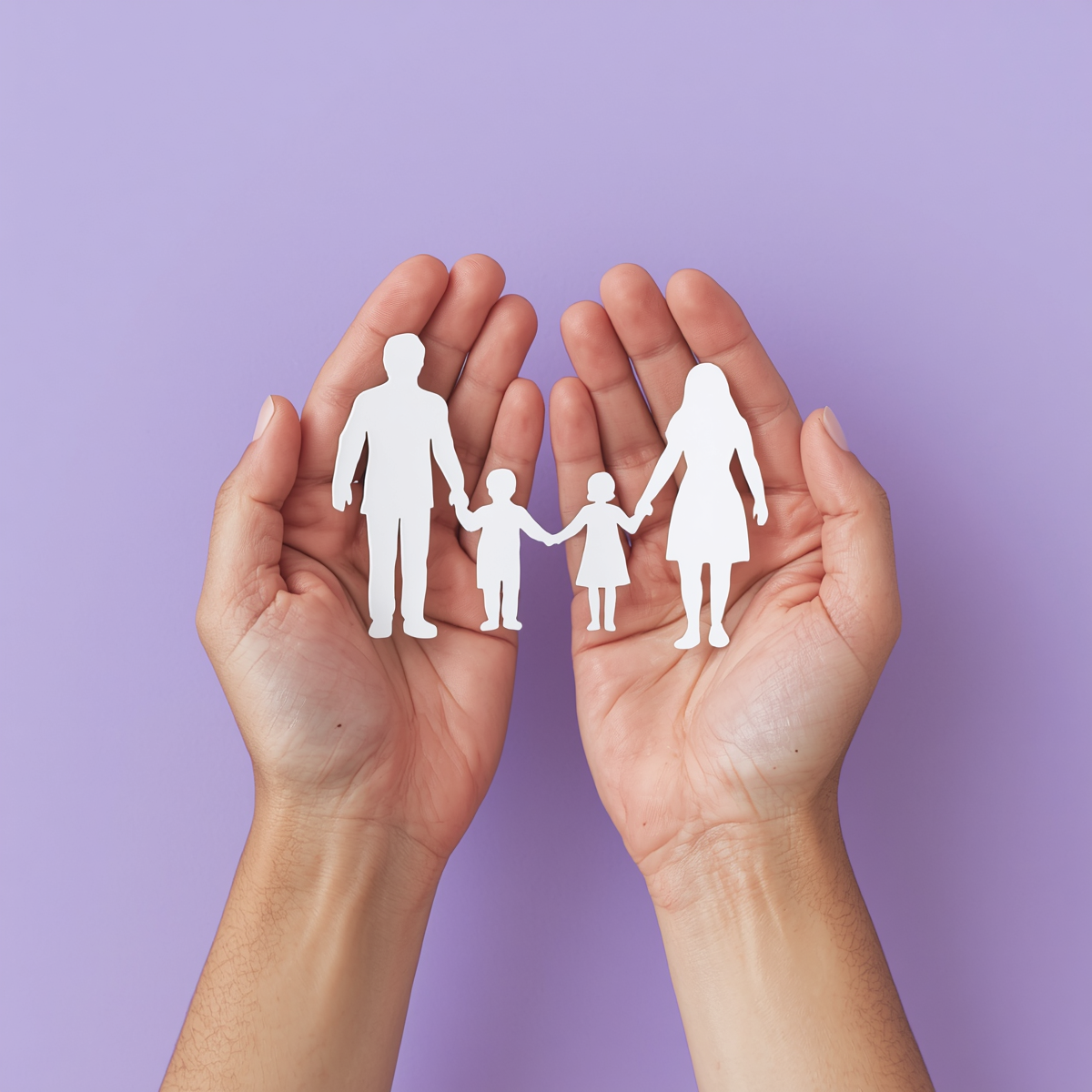 Two cupped hands hold a paper cutout of a family against a solid lavender background. The white cutout features a man and a woman on the outside, holding hands with two small children—a boy and a girl—between them. The hands are positioned as if cradling or protecting the family unit.